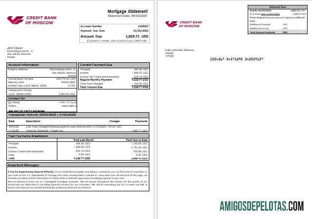 Declaração de hipoteca do Banco de Crédito da Rússia de Moscou em formatos Word e PDF modelo